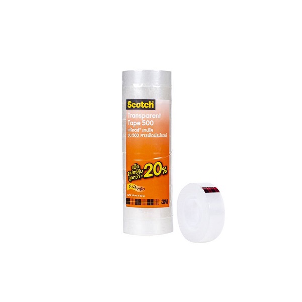 3M เทปใส แกน 1 นิ้ว รุ่น 500 ขนาด 3/4 นิ้ว X 36 หลา แพ็ค 1X10