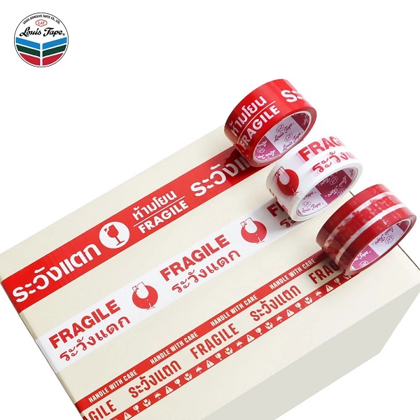 LOUIS TAPE เทประวังแตก 2 นิ้ว x 45 หลา พื้นขาว พิมพ์แดง